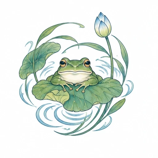 Green frog sitting on a lotus leaf with water swirls and a lotus flower bud