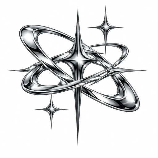 Chrome tattoo design of an atomic structure with starburst highlights and elliptical rings