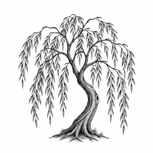 Fine line drawing of a willow tree with hanging leaves and twisted trunk
