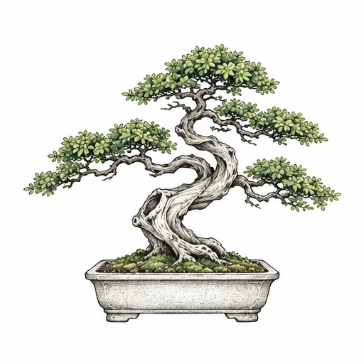 Illustration of a bonsai tree with twisted trunk and green leaves in a rectangular stone planter