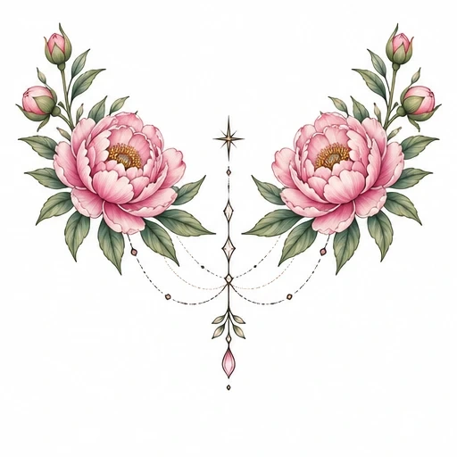Symmetrical pink peonies with green leaves and delicate decorative chains designed for a chest tattoo.