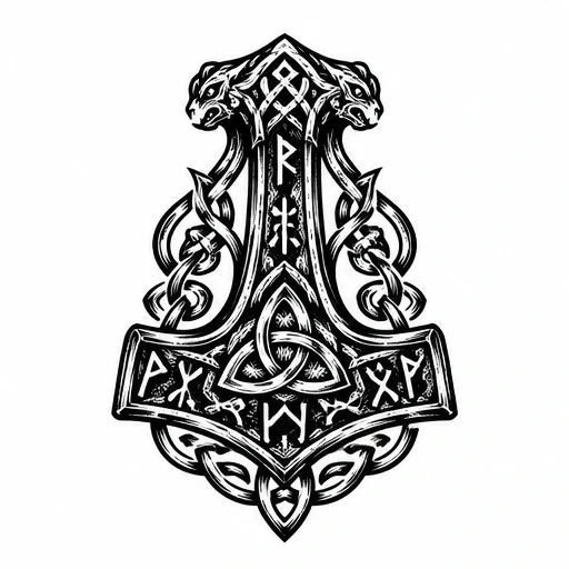 Blackwork Thor's hammer tattoo with Norse runes and twin animal heads in symmetrical knotwork design