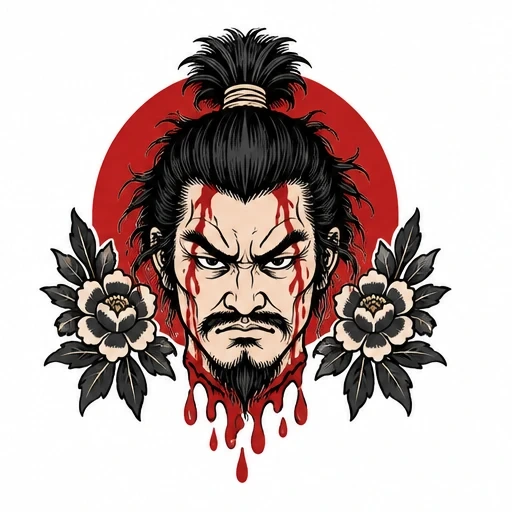 Severed samurai head with blood drips, black flowers on each side, and red sun circle background