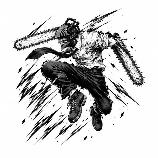 Black and white ink drawing of Chainsaw Man character leaping with chainsaws for arms and a chainsaw helmet.