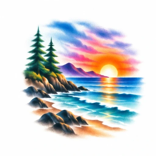 Sunset over ocean with pine trees on rocky shore, purple mountains, vibrant orange sky, and gentle waves