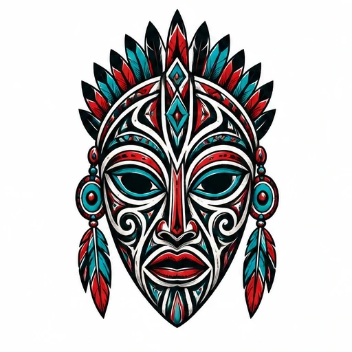 Symmetrical tribal mask tattoo design with red and turquoise feathers