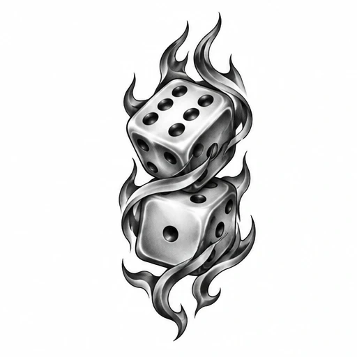 Black and grey tattoo design of two dice surrounded by flowing flames
