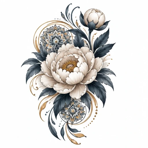 Tattoo design of a large beige peony flower with slate-blue leaves and golden mandala patterns