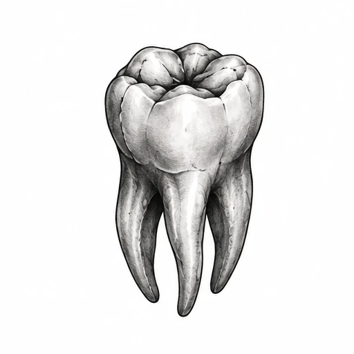 Black and grey tattoo illustration of a detailed molar tooth with shading and texture