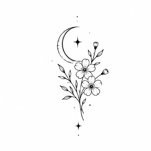 Black line art tattoo of a crescent moon intertwined with a flowering branch and stars on white background.