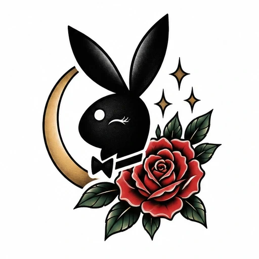 Black Playboy Bunny silhouette with a wink and bow tie, next to a gold crescent moon, red rose, green leaves, and golden sparkles.