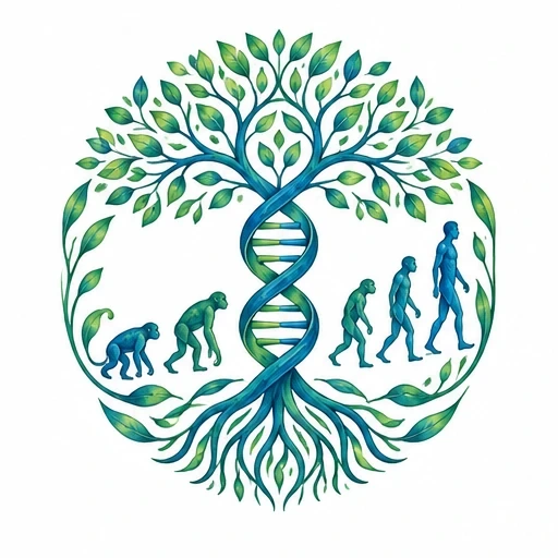 Tree with DNA double helix trunk, human evolution stages from ape to man, green and blue leaves and roots.