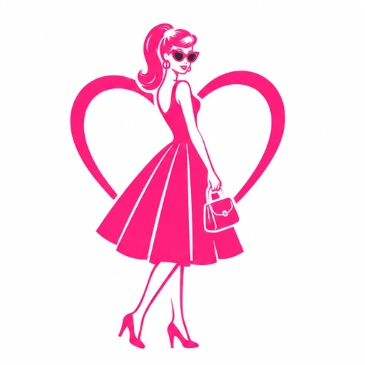 Pink retro woman silhouette in a flared dress with heart shape background
