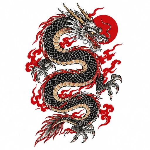 Traditional Japanese dragon with black scales and red flames coiled around a red sun