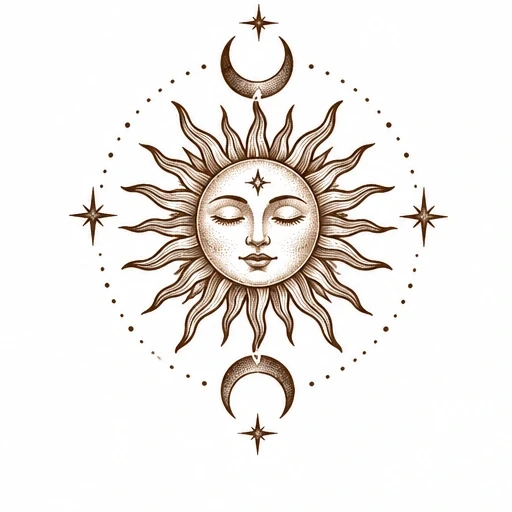 Tattoo design of a brown sun with a face, crescent moons above and below, four stars, and dotted circle.