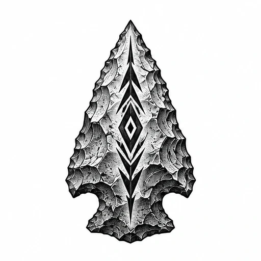Black arrowhead tattoo design with intricate chiseled texture and geometric center motifs