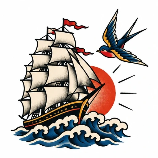 Traditional tattoo design of a sailing ship with white sails, a red sun, blue ocean waves, and a soaring swallow.