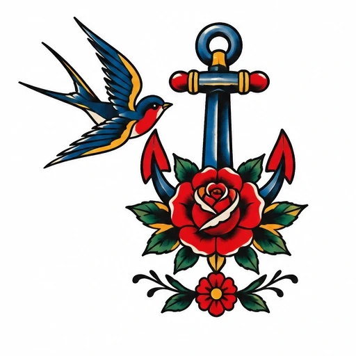 Traditional anchor tattoo with swallow and red rose in Sailor Jerry style