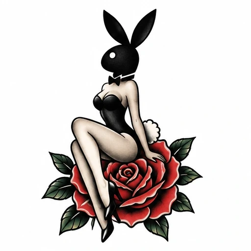 Playboy Bunny pin-up figure in black bodysuit sitting on red rose with green leaves