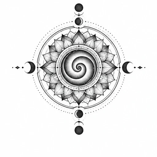 Black and white mandala with spiral center and moon phases in a symmetrical geometric layout