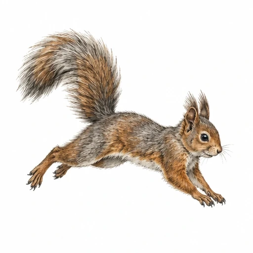 Realistic illustration of a brown and gray squirrel leaping to the right with detailed fur and bushy tail