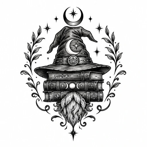 Black and gray tattoo design of a witch hat with moon and pentagram, stacked magical books, leafy flourishes, stars, and moon symbols.