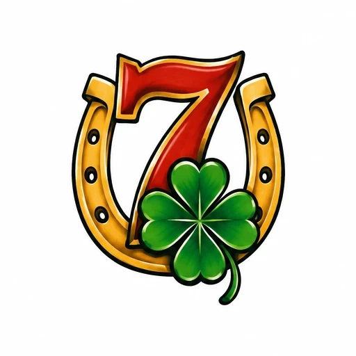 Bright red number seven inside gold horseshoe with green four-leaf clover tattoo design