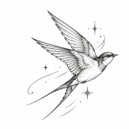 Black and white single-needle swallow tattoo design with star accents in flight