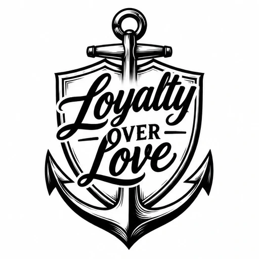 Black ink tattoo design of an anchor and shield with the phrase Loyalty Over Love in cursive lettering