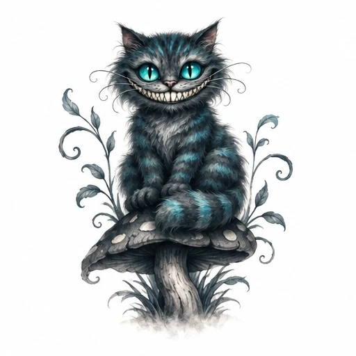 Illustration of a striped Cheshire Cat with glowing turquoise eyes and mischievous grin sitting on a mushroom surrounded by curling leaf vines.