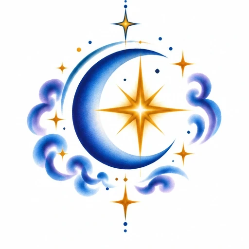 Blue crescent moon with golden stars and blue-purple swirling clouds in airbrush style