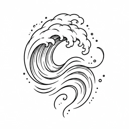 Minimalist ocean wave tattoo linework with flowing curves and dot accents