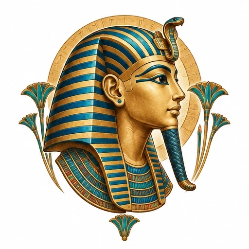 Egyptian pharaoh profile tattoo with blue and gold nemes headdress and lotus motifs