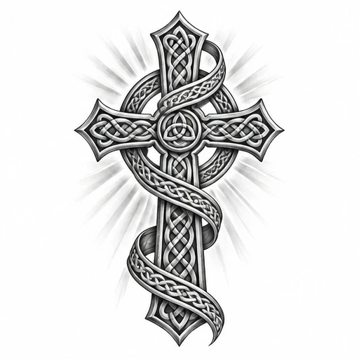 Black and gray Celtic cross tattoo with woven knot patterns and ribbon wrapping around it, radiating light background