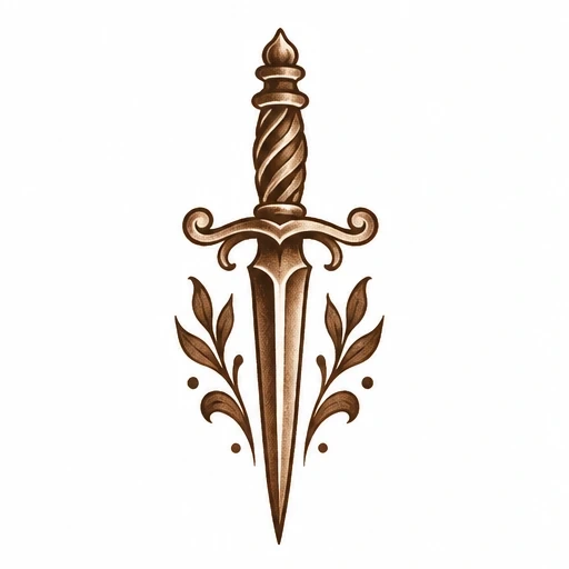 Brown dagger tattoo with twisted handle and symmetrical leaf flourishes on each side