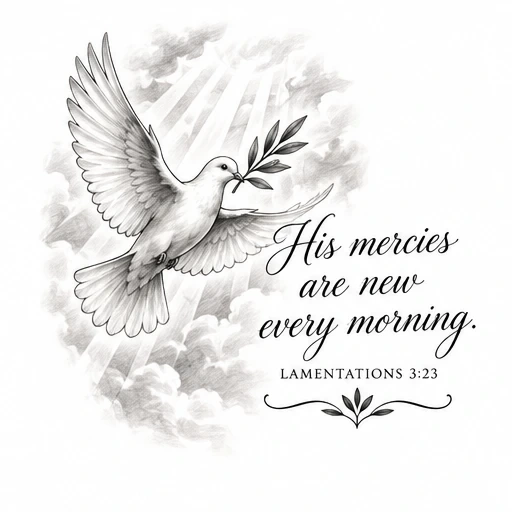Black and gray drawing of a dove flying with an olive branch and a scripture quote from Lamentations.