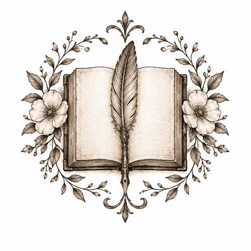 Sepia ink drawing of open book with quill pen and floral branches on each side