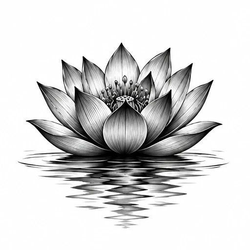 Black and white lotus flower with pencil shading and water reflection