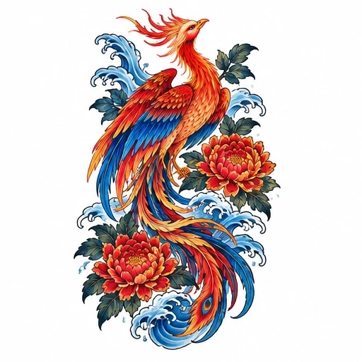 Japanese-style phoenix tattoo with bright red and blue plumage, surrounded by blue waves and red chrysanthemum flowers with green foliage.