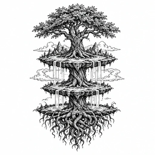 Black and white three-level Yggdrasil tree tattoo with waterfalls, mountains, clouds and twisted trunk