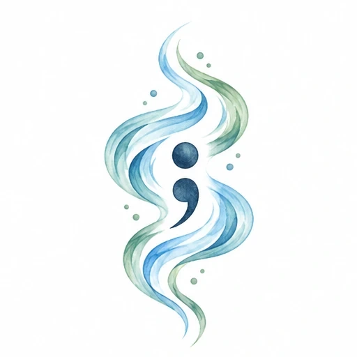 Semicolon tattoo with surrounding flowing blue and green watercolor waves and dots