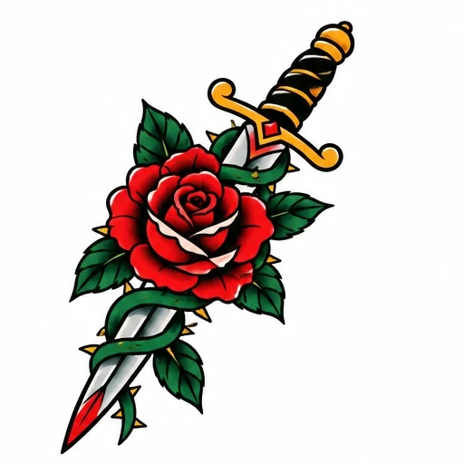 Traditional tattoo design of a dagger piercing a red rose wrapped in a thorny green vine
