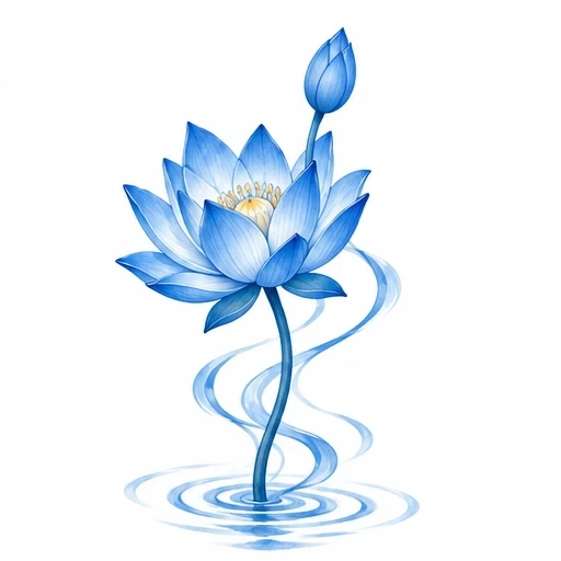 Blue lotus flower with a bud on a stem rising from rippling water, rendered in gradient blues and soft shading.