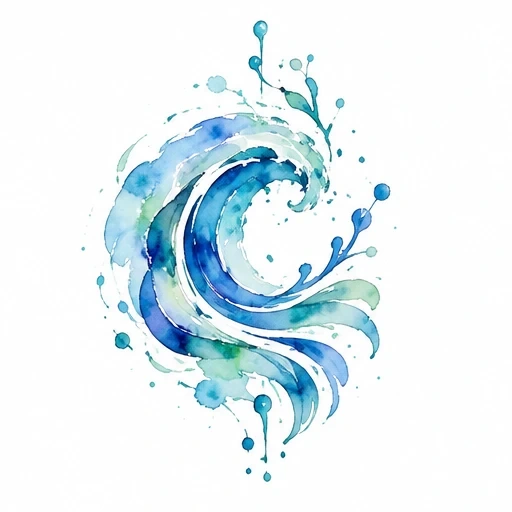 Watercolor tattoo design of an abstract wave with blue and green shades and fluid brush strokes.