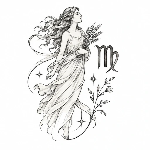 Black and white fine line drawing of a flowing-dress maiden holding wheat, Virgo glyph, and floral stars