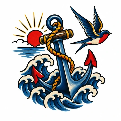 Sailor Jerry style tattoo design of blue anchor with rope, ocean waves, red sun, and flying swallow.