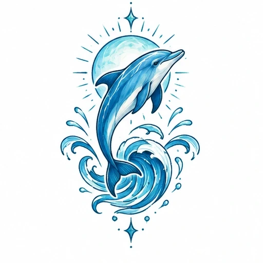 Tattoo design of a blue dolphin leaping above swirling ocean waves with a glowing full moon in the background