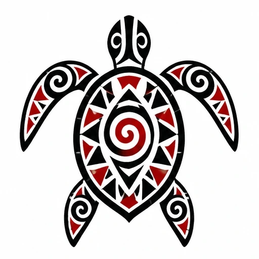 Taino-style turtle tattoo design with black and red spiral and geometric patterns