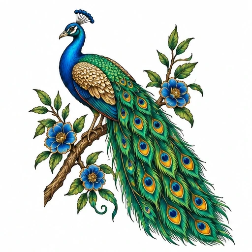 Colorful peacock tattoo with blue flowers and detailed green leaves on a branch