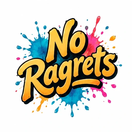Yellow 'No Ragrets' text with black shadow and colorful paint splatters background